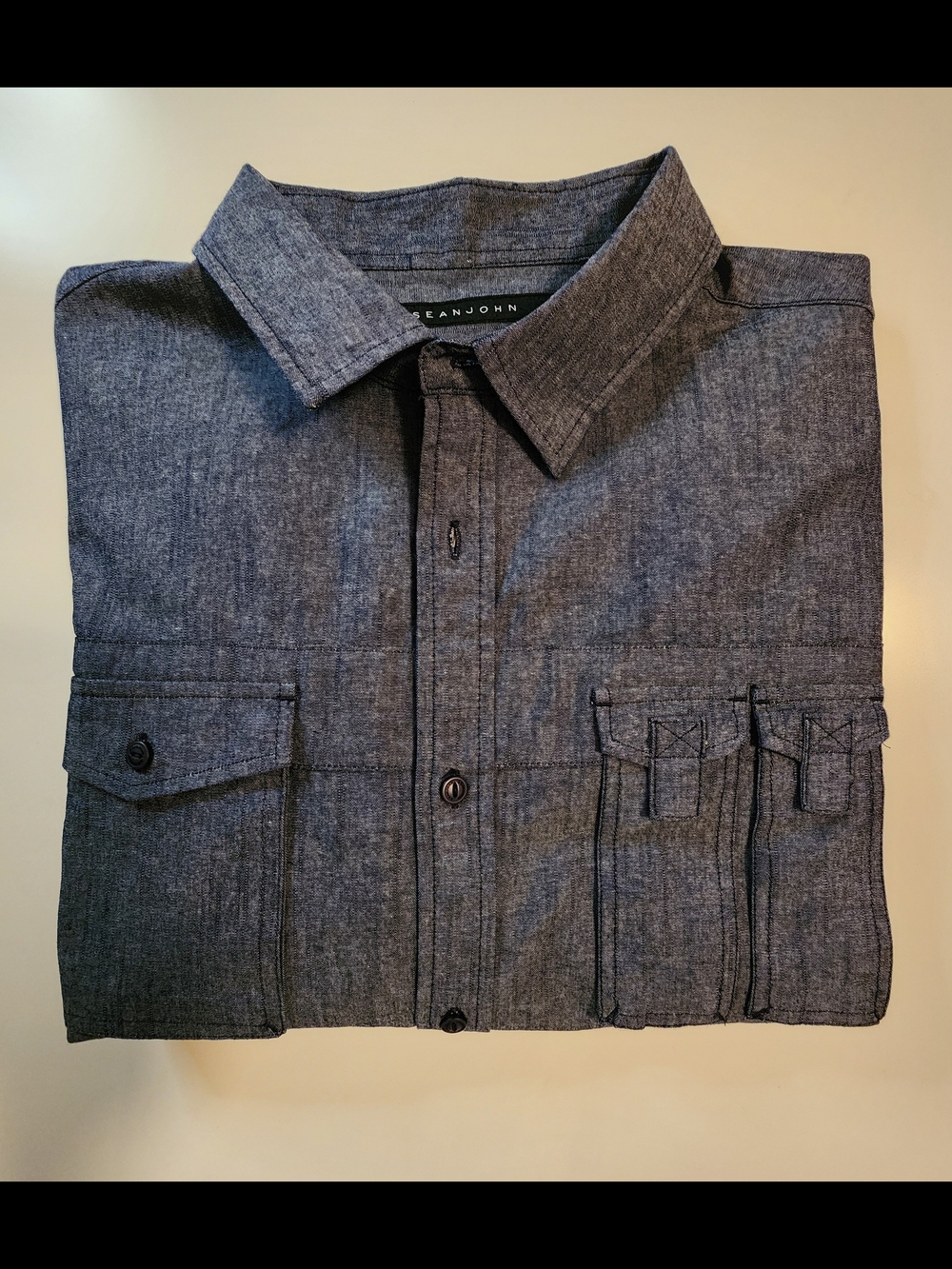 Sean John Gray Textured Shirt with Black Label 100% Cotton.